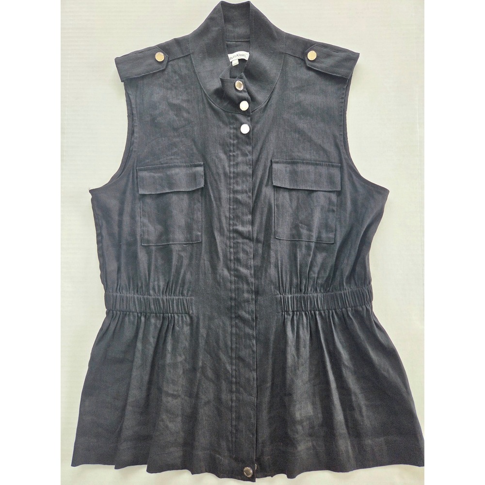 Calvin Klein Womens Black Linen Blend Utility Vest Mock Neck Cinched Waist L